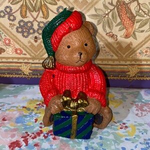 Vintage Christmas Decoration Teddy Bear Candle Present Red Sweater